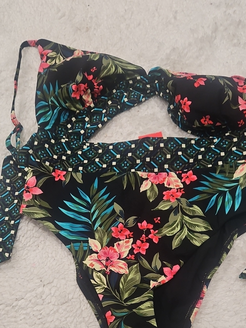 Tropical Floral Black Bikini Set with Pink & Teal Accents